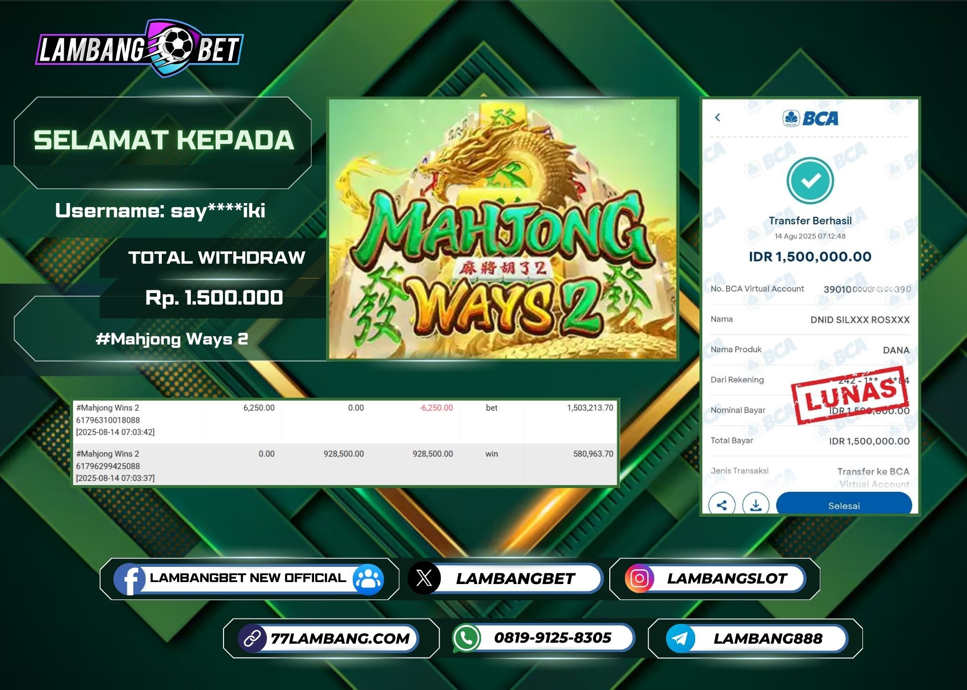 LAMBANGBET [14 AUGUST 2025] JACKPOT SLOT Mahjong Wins 2 "Rp1.500.000" LUNAS